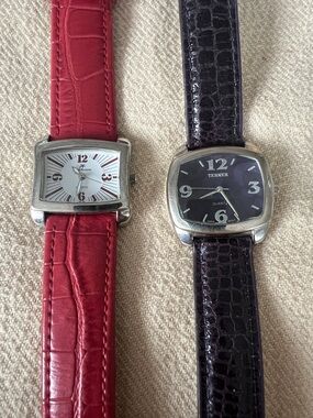 Pair of Women's Quartz Watches - Red Strap & Dark purple Strap Quartz Movement